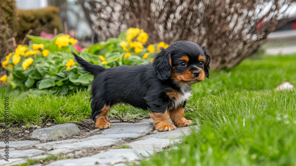 Cute Cavalier King Charles Spaniel puppy outdoors in garden. Possible use Children's book illustrations, pet care articles, online pet shops