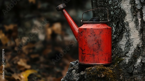 Old fashioned red oil can shot outside on a old tree photo