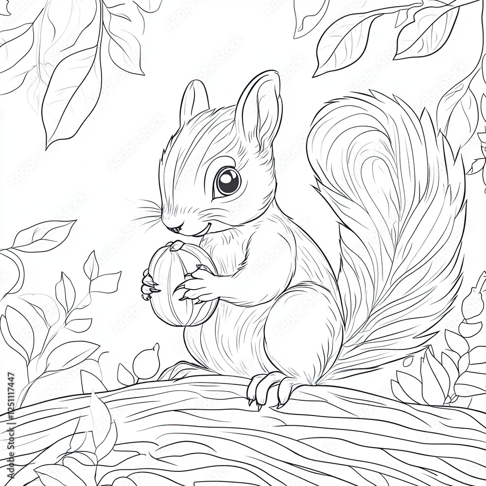 Fototapeta premium Adorable Squirrel with Giant Nut Coloring Book Page Fun Activity for Kids and Kids
