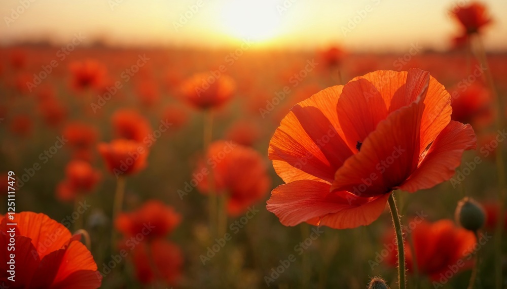 Obraz premium Radiant Poppies, A Golden Sunset Illuminates a Field of Red Blooms