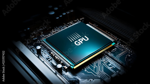 Close-up computer graphic processing unit on motherboard.  Possible use Technology stock photo