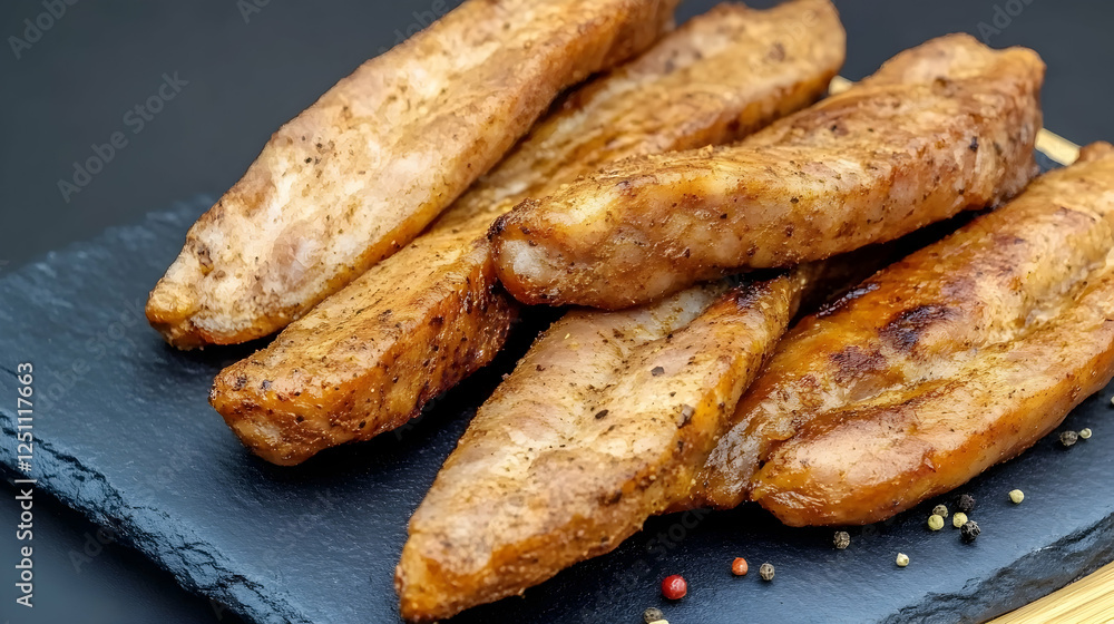 Grilled chicken strips on dark slate plate Grilled chicken strips on dark slate plate