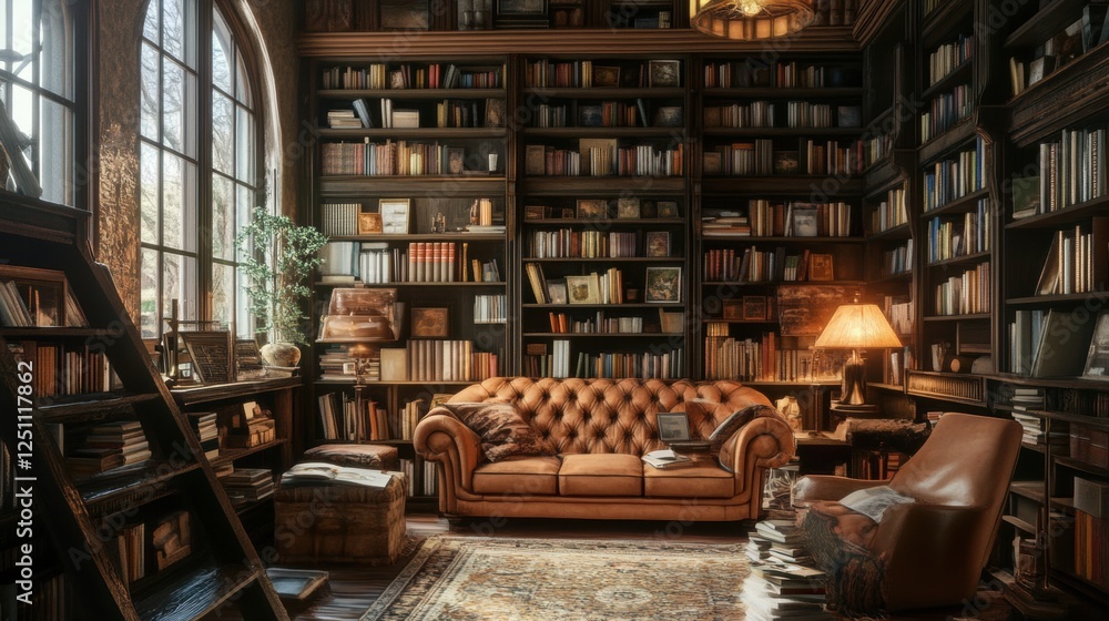 A cozy library with a large window, wooden bookshelves, and a comfortable couch. A cozy library with a large window, wooden bookshelves, and a comfortable couch.