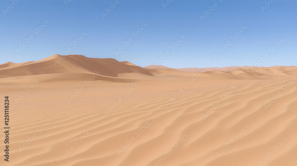 Desert landscape, sand dunes under a clear sky, perfect for travel brochures or nature displays Desert landscape, sand dunes under a clear sky, perfect for travel brochures or nature displays