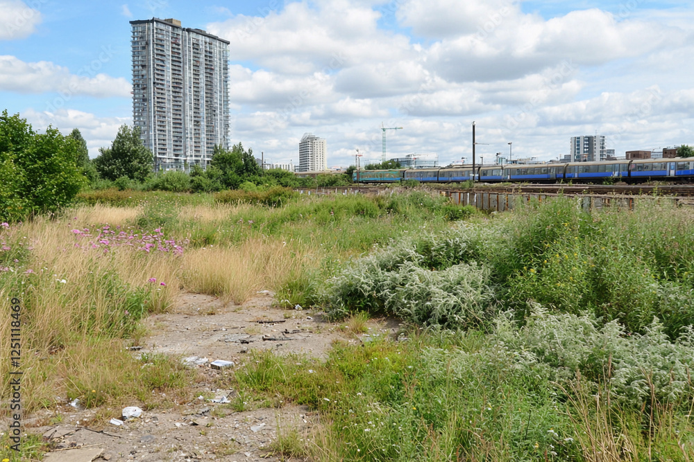 Overgrown city with skyline behind Overgrown city with skyline behind