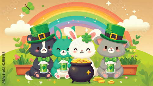 A group of cute animals (like a dog, cat, and rabbit) wearing green hats and bow ties, holding mugs of green drinks and sitting around a pot of gold under a rainbow 