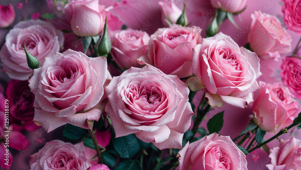 Beautiful arrangement of pink roses with lush green leaves creating a soft floral backdrop perfect for romantic settings and elegant decoration Beautiful arrangement of pink roses with lush green leaves creating a soft floral backdrop perfect for romantic settings and elegant decoration