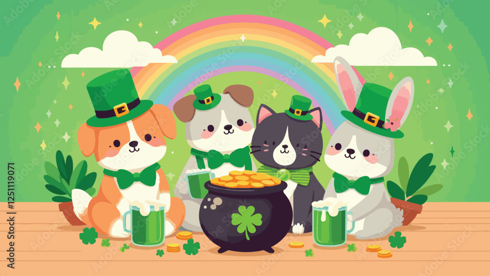 Obraz premium A group of cute animals (like a dog, cat, and rabbit) wearing green hats and bow ties, holding mugs of green drinks and sitting around a pot of gold under a rainbow 