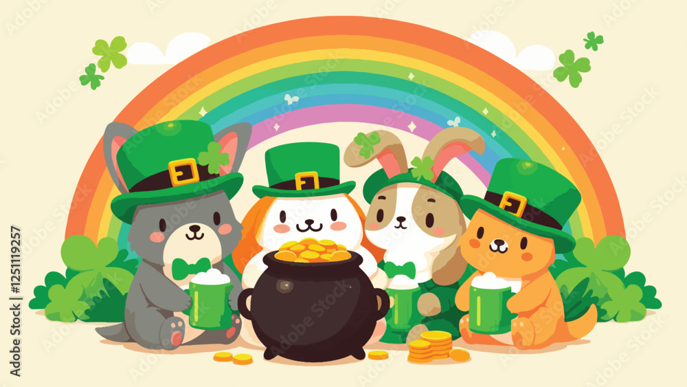 Naklejka premium A group of cute animals (like a dog, cat, and rabbit) wearing green hats and bow ties, holding mugs of green drinks and sitting around a pot of gold under a rainbow 
