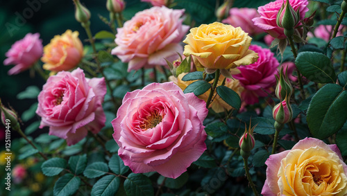 Vibrant floral garden featuring a mix of pink and yellow roses in full bloom with lush green leaves creating a colorful and fresh aesthetic photo