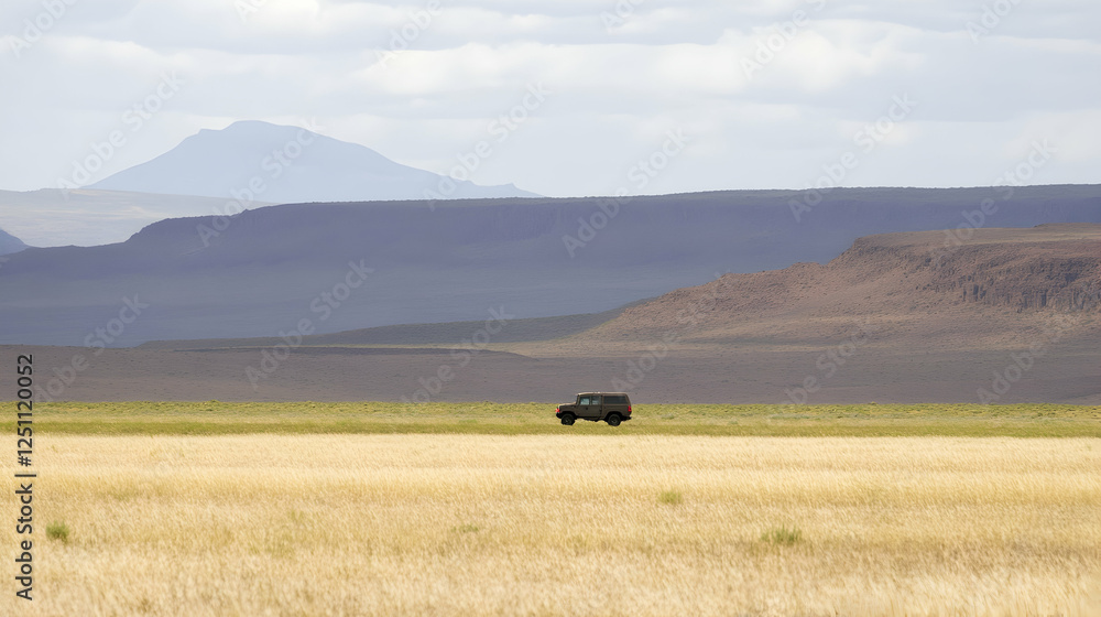 Obraz premium Off-road vehicle in a vast golden field under a cloudy sky, mountains in the distance. Use Stock photo for travel, adventure, or nature themes