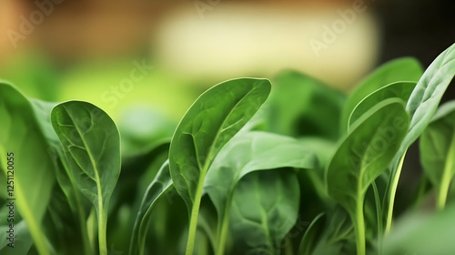 Closeup spinach leaves in a garden bed, healthy greens growing, fresh produce photo