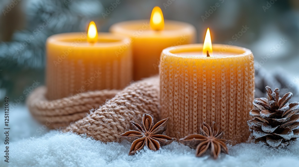 Lit candles, a scarf, pine cones, and anise are arranged on a white background with copyspace. Lit candles, a scarf, pine cones, and anise are arranged on a white background with copyspace.