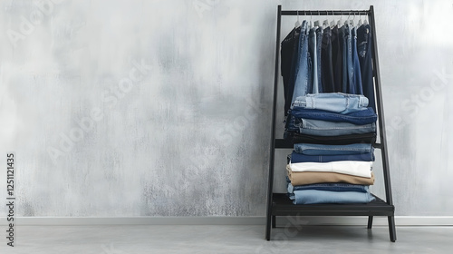 Organized denim and casual clothes on a black rack against a textured wall.  Possible use Stock photo for home decor, fashion, or organization photo