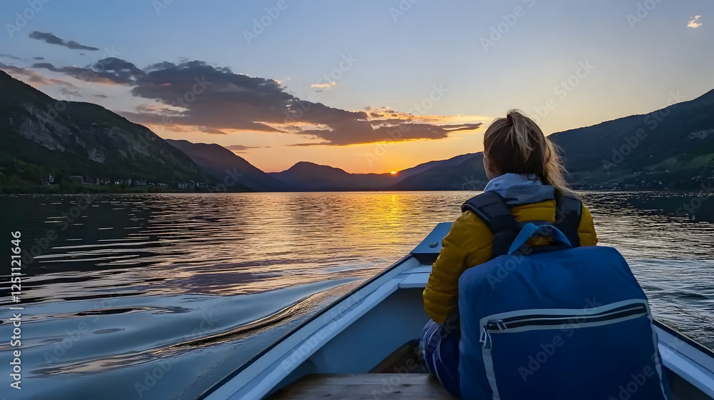 Woman in boat at sunset lake view. Peaceful journey