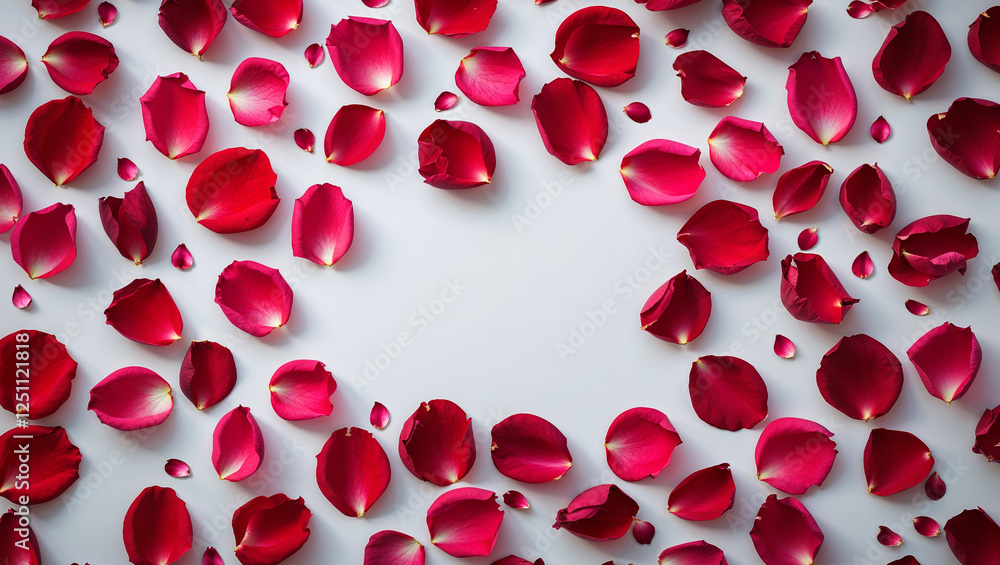 Scattered red rose petals on a white background creating a simple yet elegant floral design perfect for romantic and decorative use Scattered red rose petals on a white background creating a simple yet elegant floral design perfect for romantic and decorative use