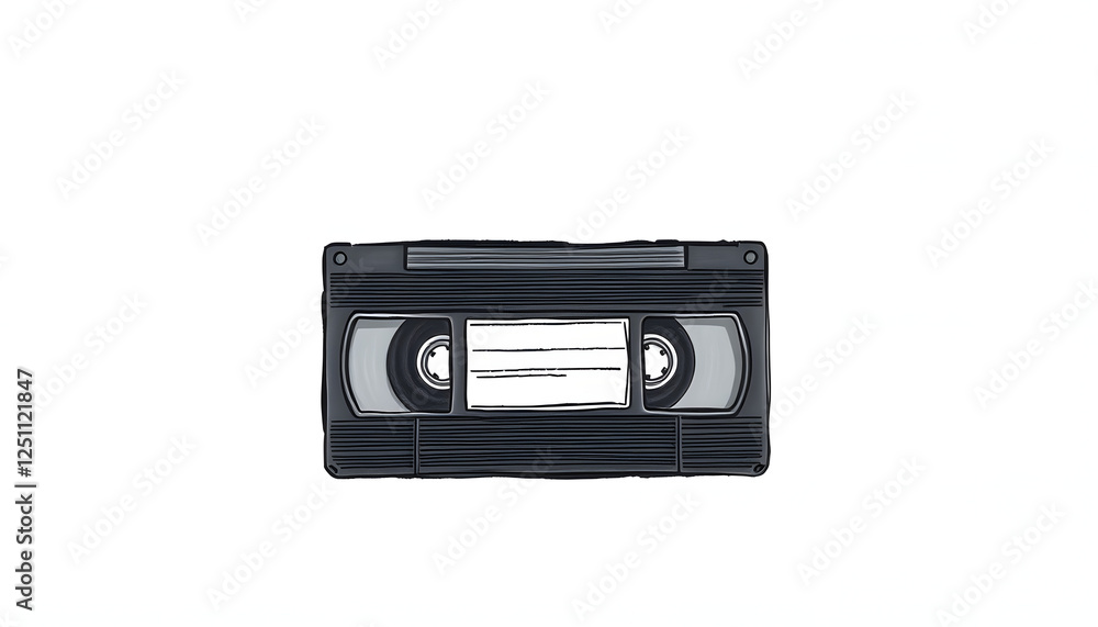Fototapeta premium vhs analog videocassette tape, retro, isolated on white background with clipping path, crayon drawing. with white shades