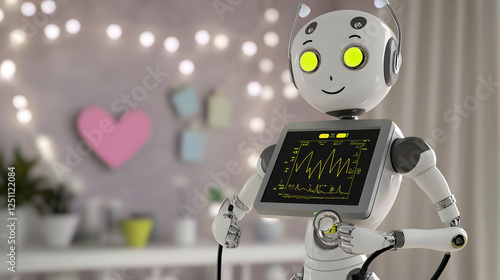 Cute robot in a cozy home, monitoring, future technology, possible use for education, children's books, or home automation photo