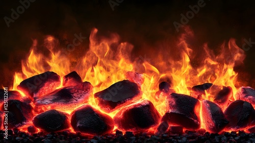 Intense roaring flames of glowing embers red hot coals and fiery blaze in a dramatic landscape background  Powerful dangerous and captivating display of natural energy and combustion