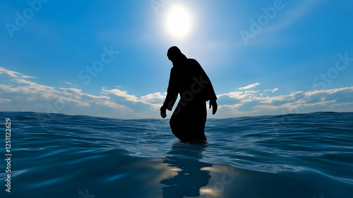 Silhouette of a person wading in a calm sea, sunny day. Possible use Religious art, spiritual imagery photo