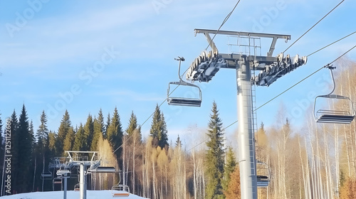 Ski lift in winter forest; scenic mountain view; outdoor winter activity; ideal for tourism brochures photo