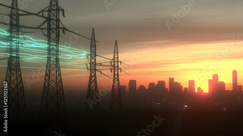 Power lines over city skyline at sunset.  Possible use Stock photo for energy, technology, or urban landscapes photo