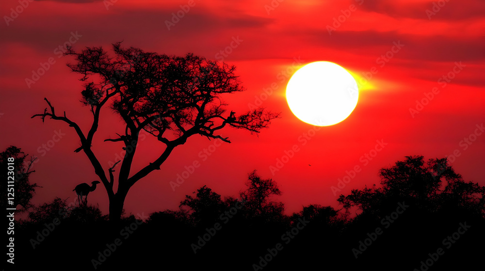 Dramatic sunset over African savanna with silhouetted tree and animal. Possible use Stock photo for travel or nature related media Dramatic sunset over African savanna with silhouetted tree and animal. Possible use Stock photo for travel or nature related media