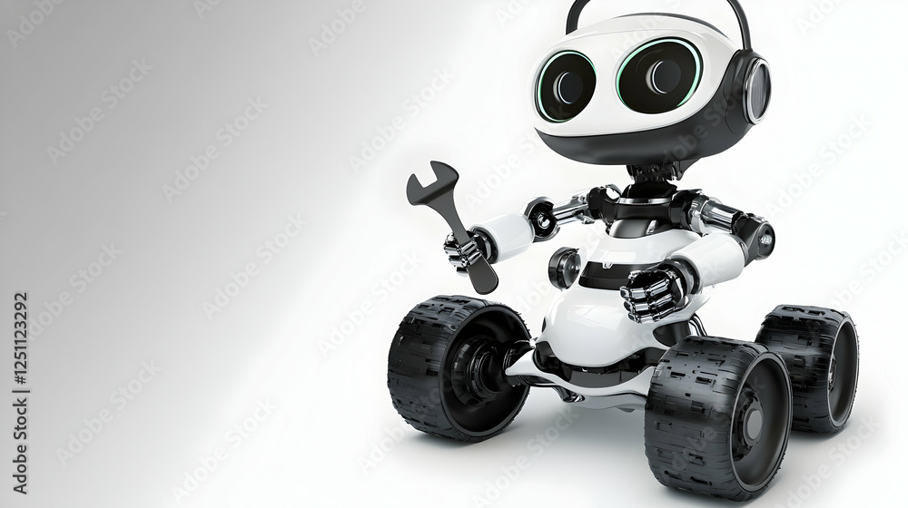 3D robot technician holding wrench, white background, service concept 3D robot technician holding wrench, white background, service concept