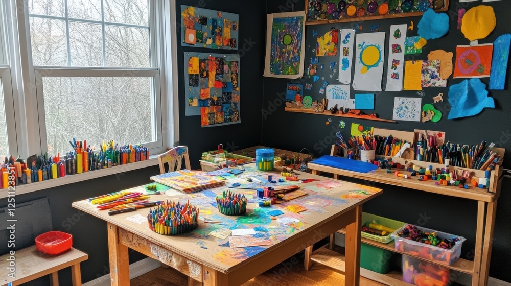 A child's art studio with a large window, colorful art supplies, and a wooden table filled with paint and brushes. A child's art studio with a large window, colorful art supplies, and a wooden table filled with paint and brushes.