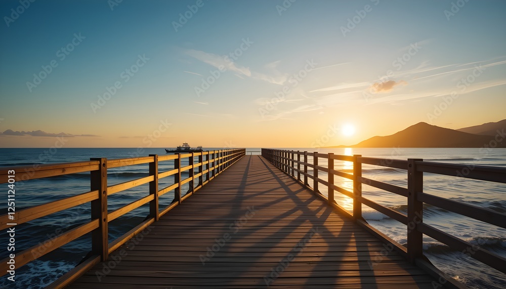 Obraz premium A beautiful wooden pier extending into the ocean at sunset, casting long shadows. Serene seascape with mountains and a boat in the background. Perfect for travel and nature themes.