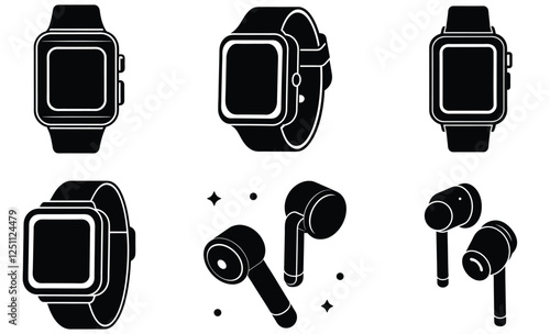 Minimalist Smartwatch and Wireless Earbuds Icon Set Wearable Tech Graphics