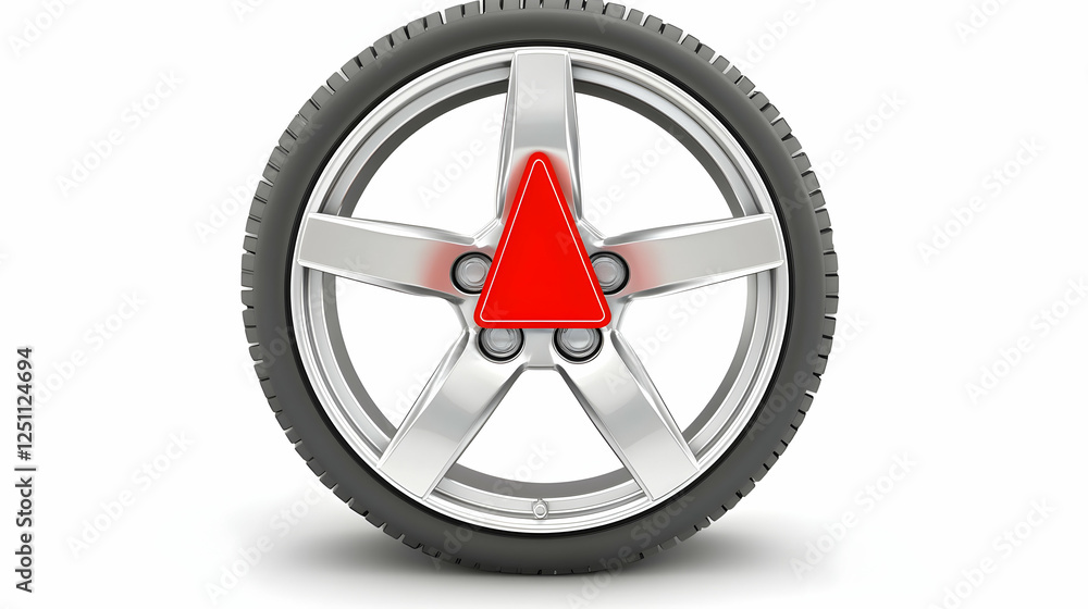 Car wheel with warning triangle, isolated on white background. Possible use Automotive repair guide or safety information Car wheel with warning triangle, isolated on white background. Possible use Automotive repair guide or safety information