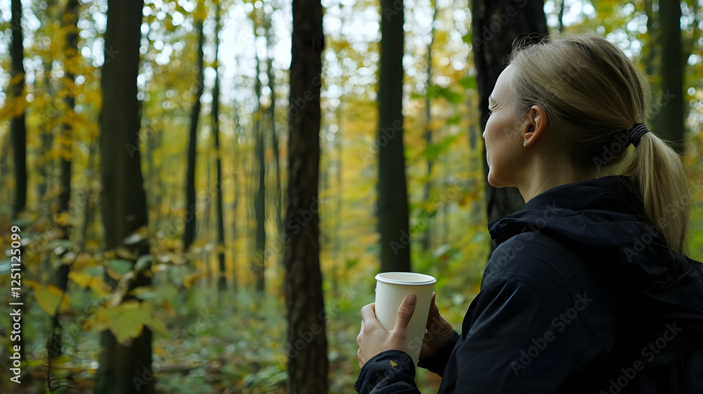 Woman enjoying autumn forest scenery with coffee, possible use as a stock photo for mindfulness or travel Woman enjoying autumn forest scenery with coffee, possible use as a stock photo for mindfulness or travel