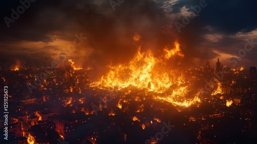 Massive fiery eruption engulfs a city in a catastrophic disaster scene with billowing plumes of thick black smoke and intense flames spreading rapidly across the urban landscape