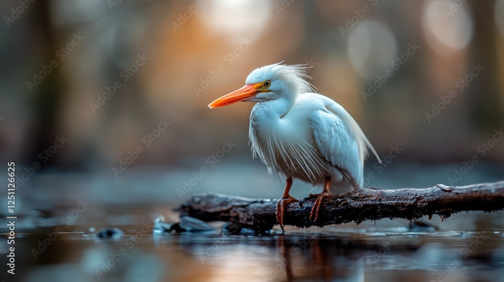 Obraz premium A stunning heron stands gracefully on a log by the water, showcasing its elegance. The serene environment reflects calmness, highlighting the beauty of nature.