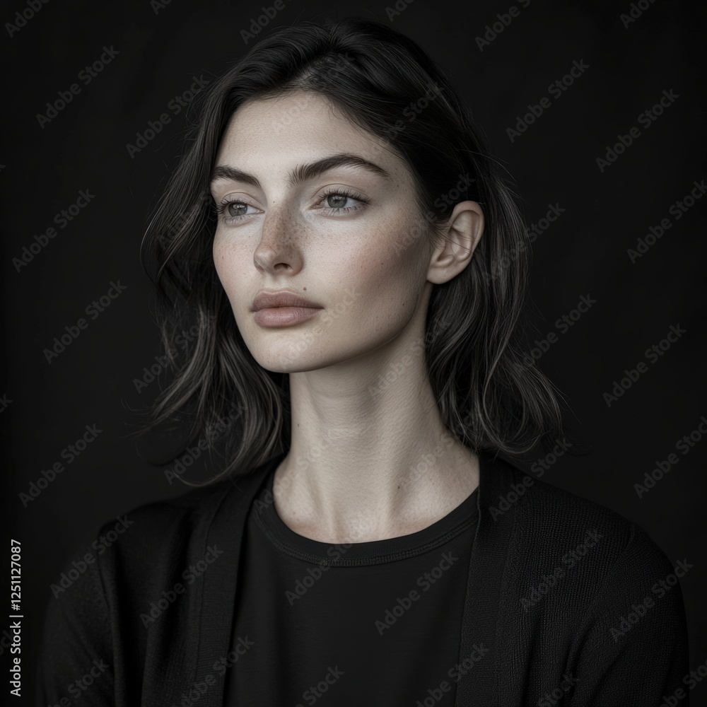 Portrait of a woman with natural beauty and soft features against a dark background Portrait of a woman with natural beauty and soft features against a dark background