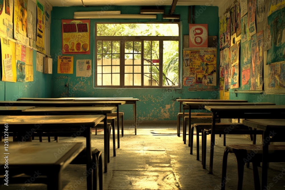 Empty classroom with colorful walls and desks waiting for students in a bright, sunlit space. Generative AI Empty classroom with colorful walls and desks waiting for students in a bright, sunlit space. Generative AI