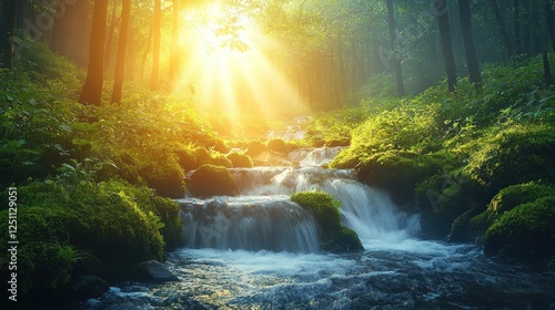 Serene forest landscape with sunlight streaming through trees over a flowing stream photo