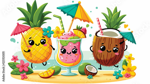 Tropical Smoothie Friends, A pineapple, mango, and coconut with playful expressions blending themselves into tropical smoothies. Include a beachside vibe with bright umbrellas and tropical flowers 