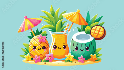 Tropical Smoothie Friends, A pineapple, mango, and coconut with playful expressions blending themselves into tropical smoothies. Include a beachside vibe with bright umbrellas and tropical flowers 