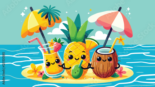 Tropical Smoothie Friends, A pineapple, mango, and coconut with playful expressions blending themselves into tropical smoothies. Include a beachside vibe with bright umbrellas and tropical flowers 