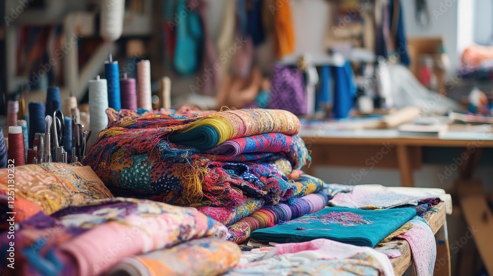 Fototapeta premium A pile of colorful fabrics and sewing materials.