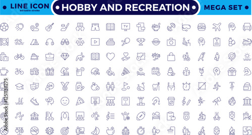 Hobby and recreation linear icons collection. Hobbies for children and adults at home and outdoors. Sports, diving, dancing, reading, drawing, music and singing. Editable stroke outline icon.