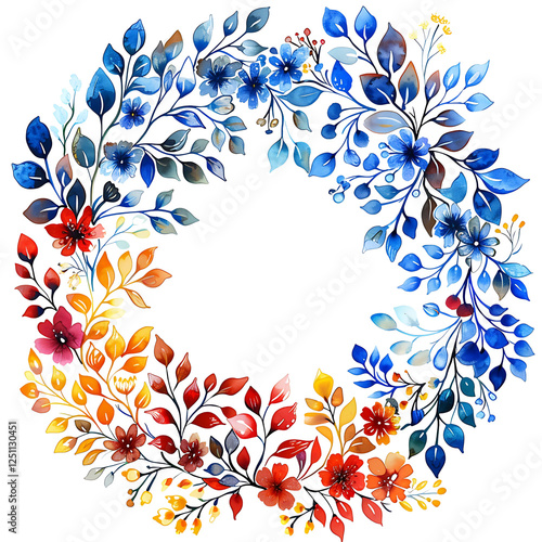 Watercolor Floral Wreath with Blue and Red Leaves, Artistic Botanical Frame Illustration