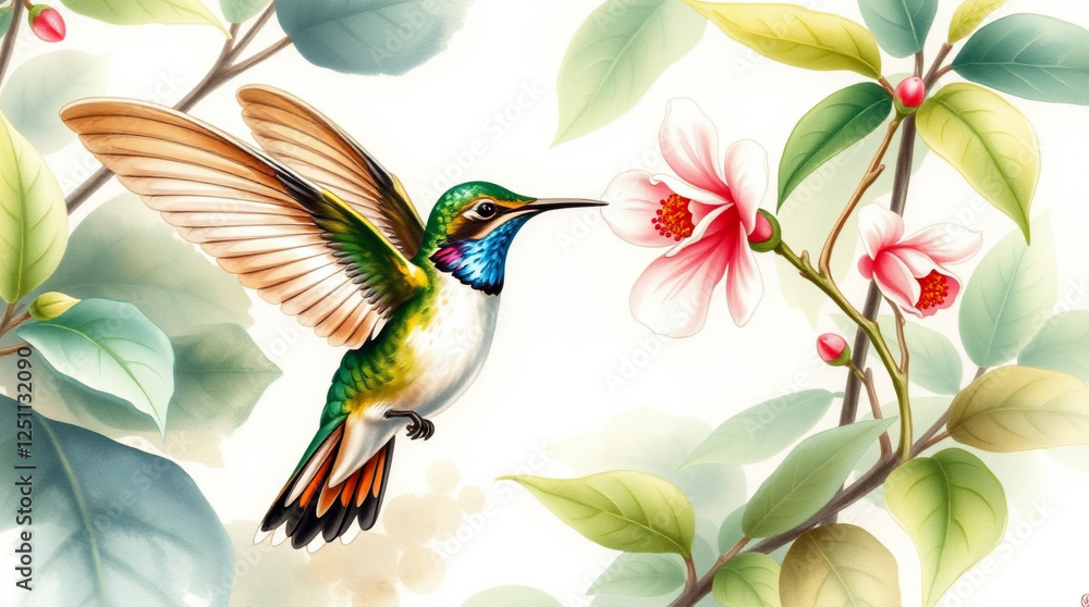 Obraz premium Hummingbird joyfully feeding from a vibrant flower against a green background