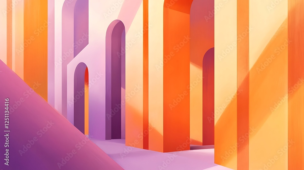 Abstract Architectural Render Orange Purple Walls Arched Passages Abstract Architectural Render Orange Purple Walls Arched Passages