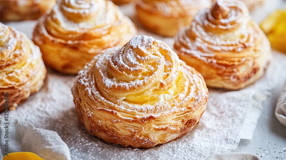 Delicious Rosette Puff Pastries Sprinkled with Powdered Sugar on Parchment Delicious Rosette Puff Pastries Sprinkled with Powdered Sugar on Parchment