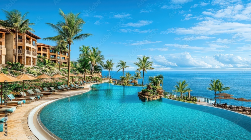 Fototapeta premium Oceanside Luxury: A pristine infinity pool overlooking a breathtaking panorama of the azure ocean, framed by lush palm trees and a luxurious resort complex.