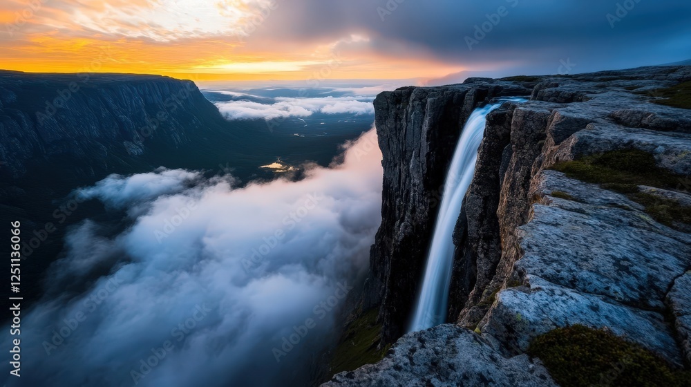 Obraz premium Witness the enchanting golden hues of sunset over a breathtaking landscape featuring flowing waterfalls, majestic mountains, and serene clouds, creating a perfect harmony.
