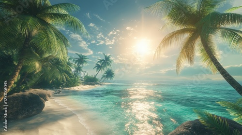 Tropical Paradise at Sunset:  Palm trees sway gently on a pristine beach as the sun sets over the turquoise ocean, creating a breathtaking scene of tropical tranquility. 